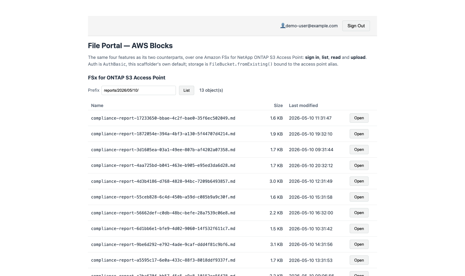 AWS Blocks で組んだファイルポータルの一覧画面。prefix の入力欄に reports/2026/05/10/ が入り、13 objects と表示され、compliance-report-<uuid>.md が 13 行、サイズと更新日時つきで並んでいる