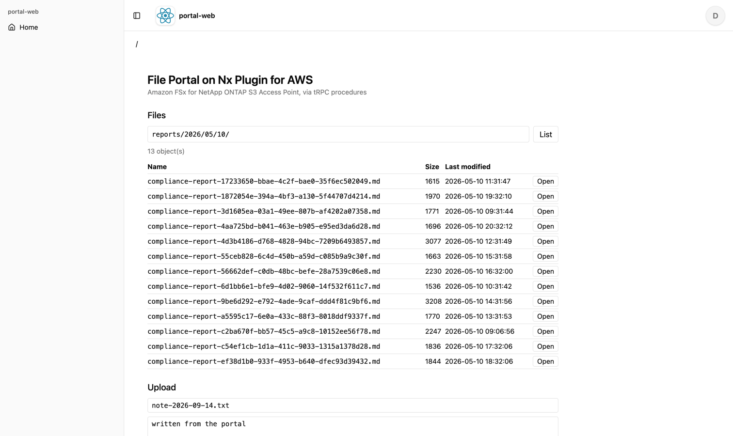 Nx Plugin for AWS で組んだファイルポータルの一覧画面。左に生成された shadcn のサイドバー、本文に同じ prefix と 13 objects、同じ 13 行が並んでいる