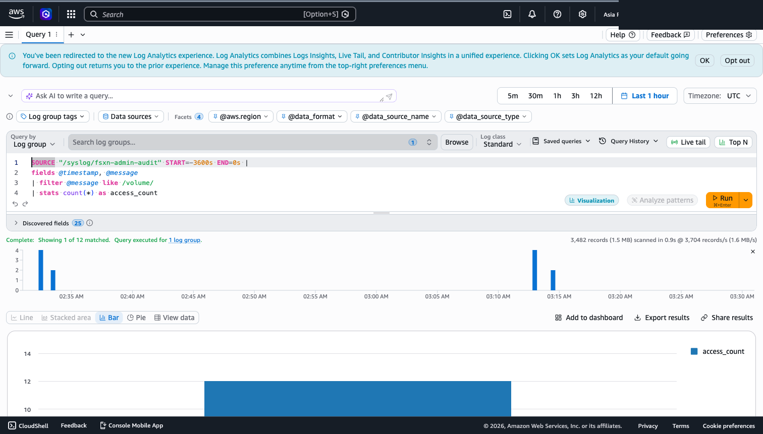 Logs Insights — 監査ログのクエリ結果（`/volume/` フィルタで 12 件マッチ、3,482 レコード scan）