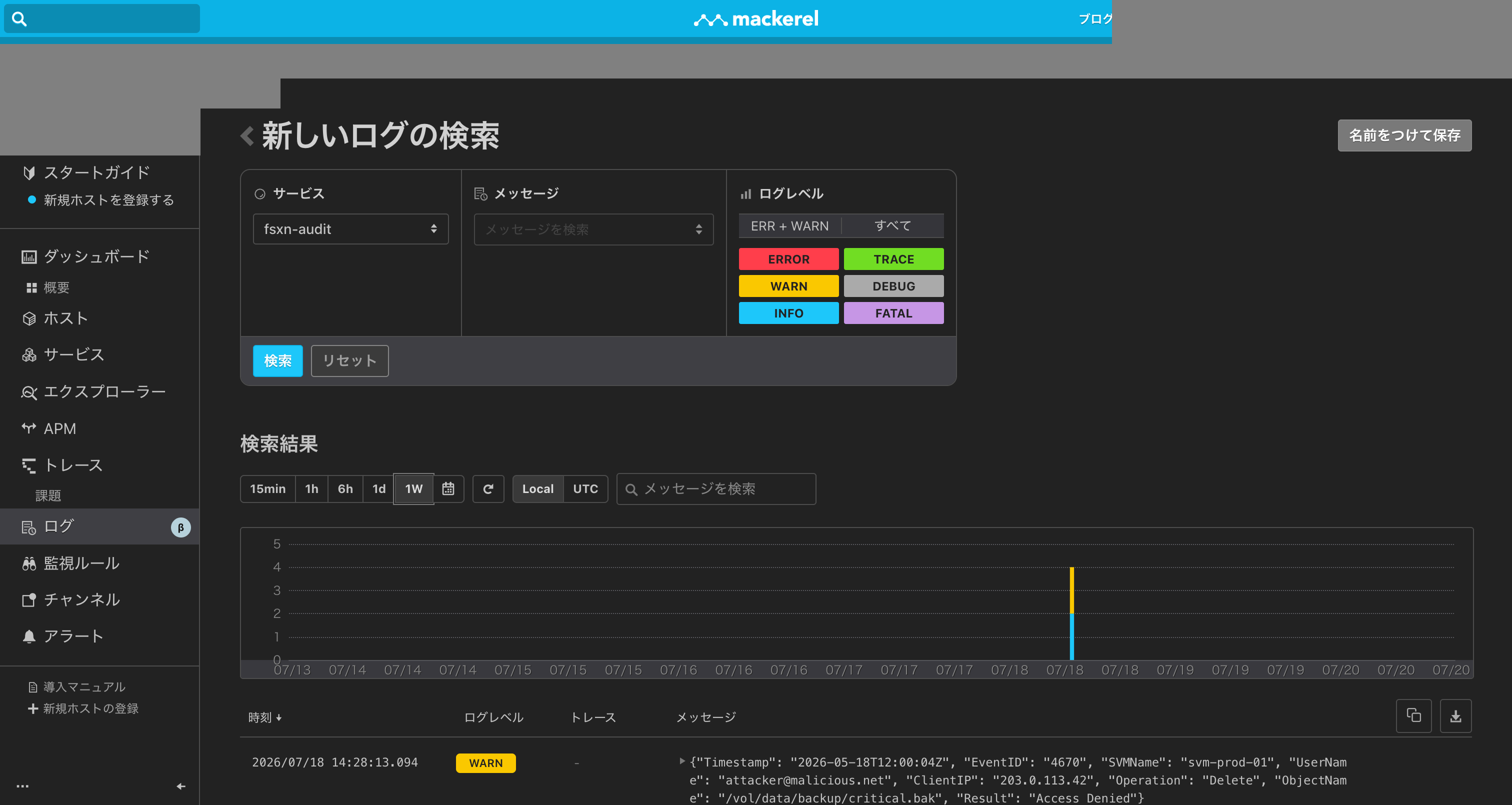 Mackerel ログ検索結果 — FSx for ONTAP 監査ログが4件表示されている