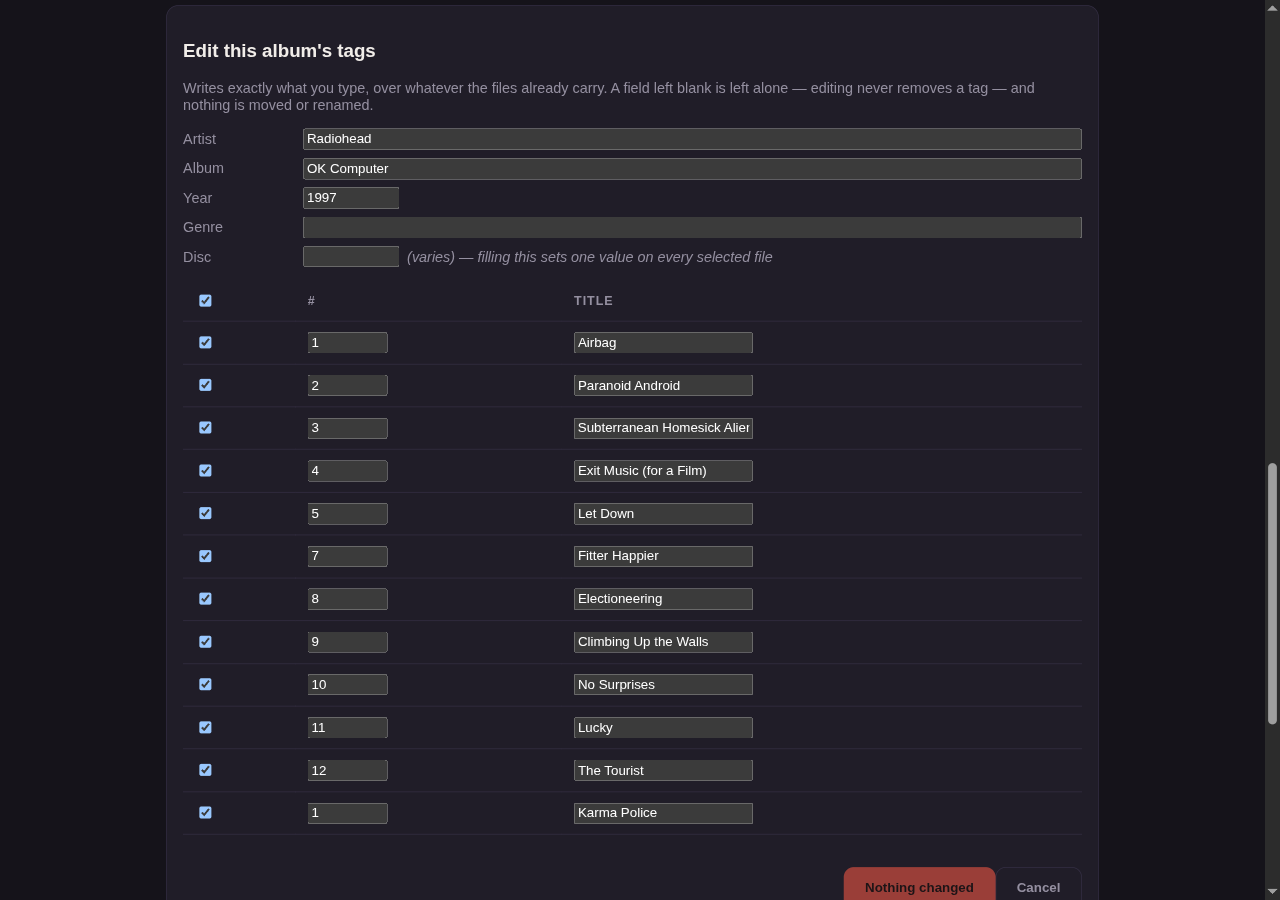 The Edit album tags panel: album-wide fields above, a per-row track number and title below, and every row selected