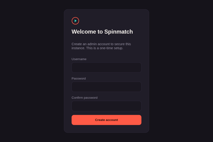 The first-run setup screen, asking for a username and a password