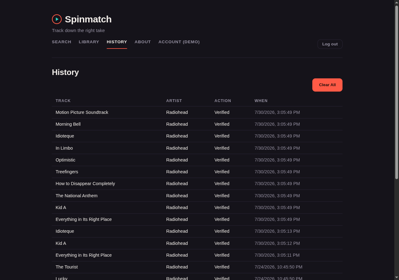 The History page listing verified tracks with their timestamps
