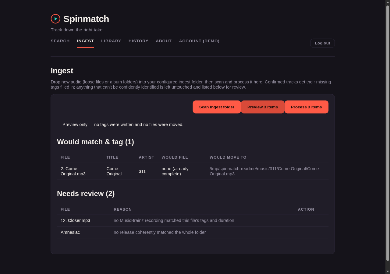 The Ingest page after a preview, split into "Would match & tag" and "Needs review"