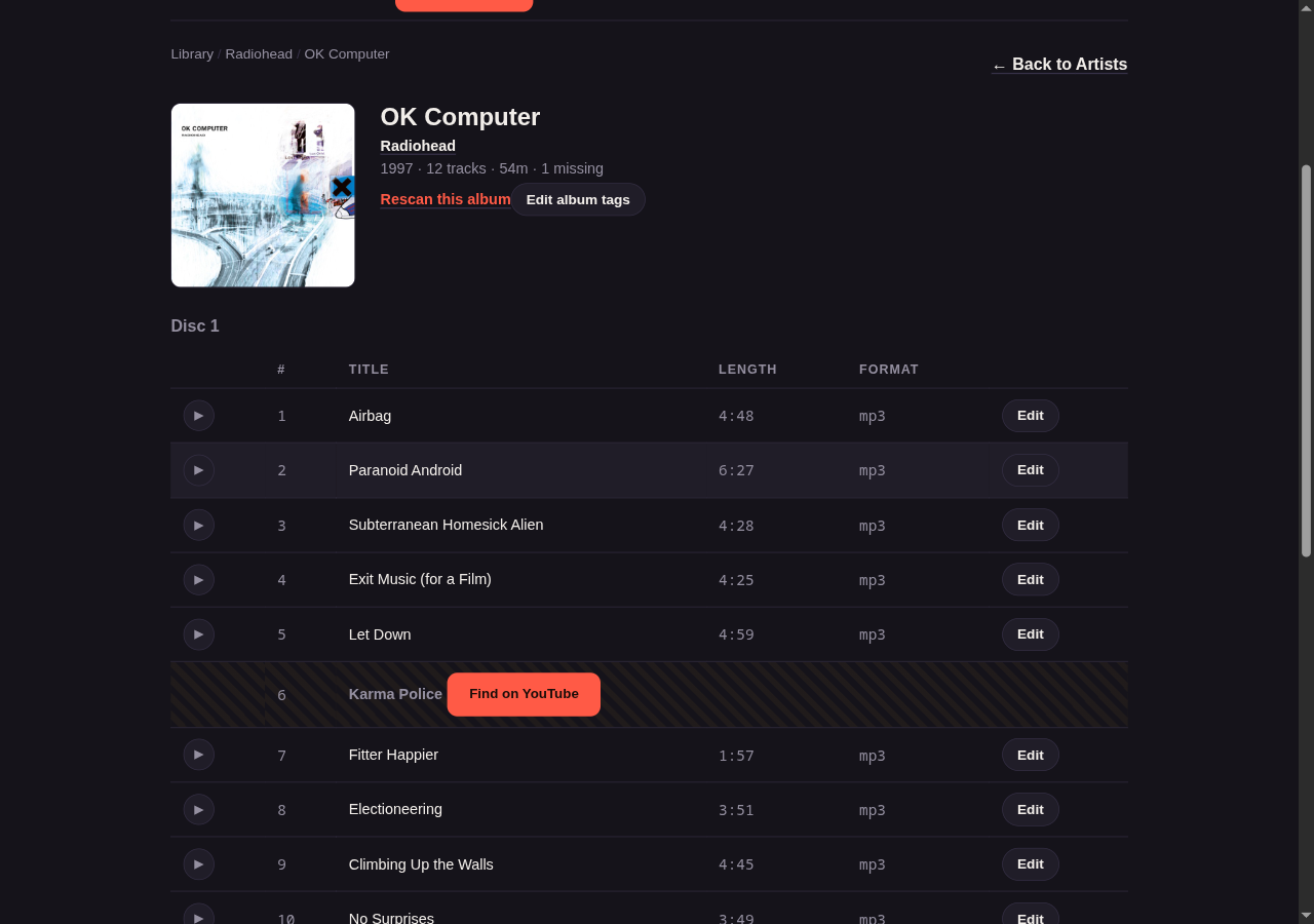 The OK Computer album page, with position 6 named "Karma Police" and offering Find on YouTube