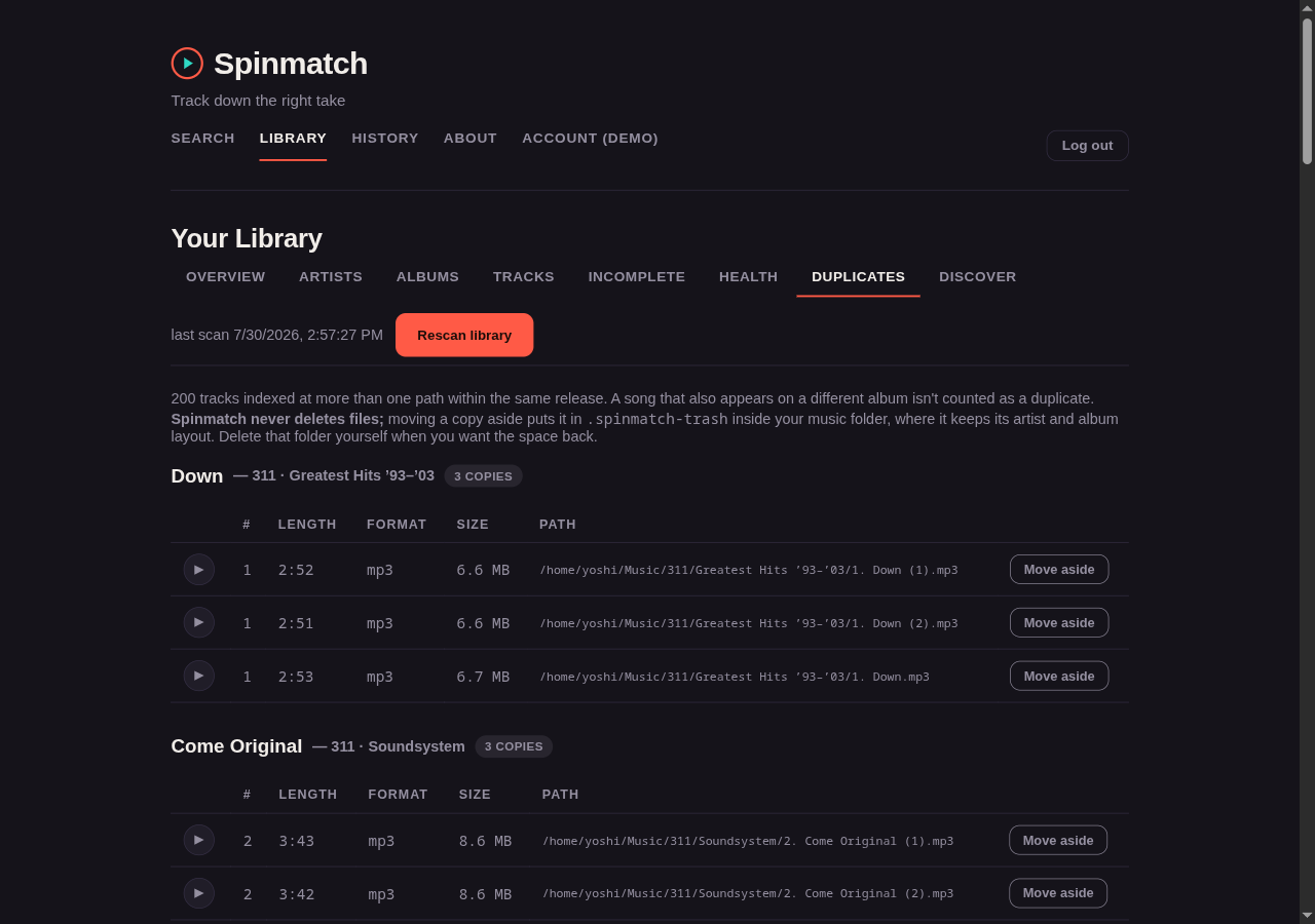 The Duplicates tab showing three copies of one track side by side, each with a Move aside button