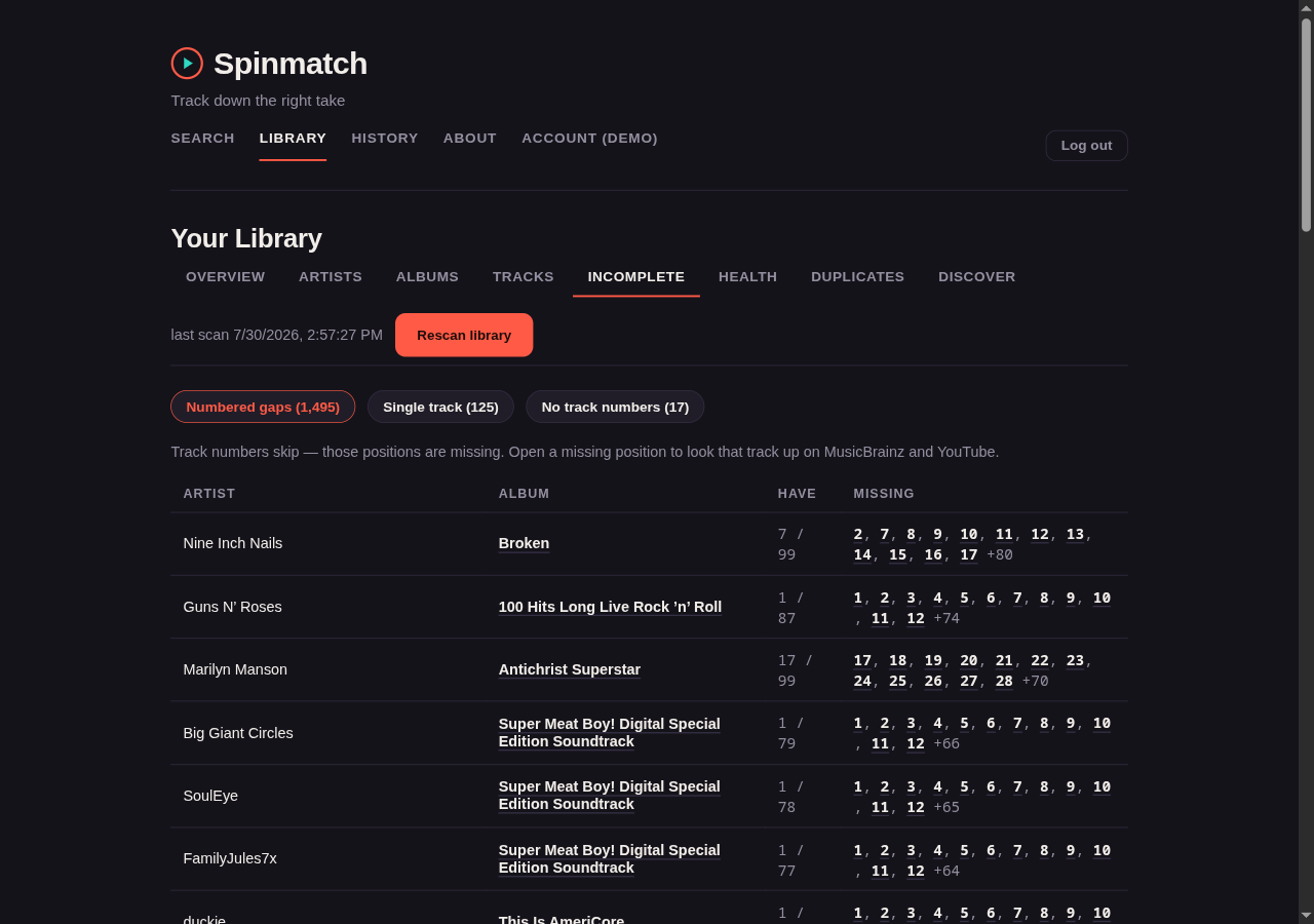 The Incomplete tab listing albums with gaps in their track numbering