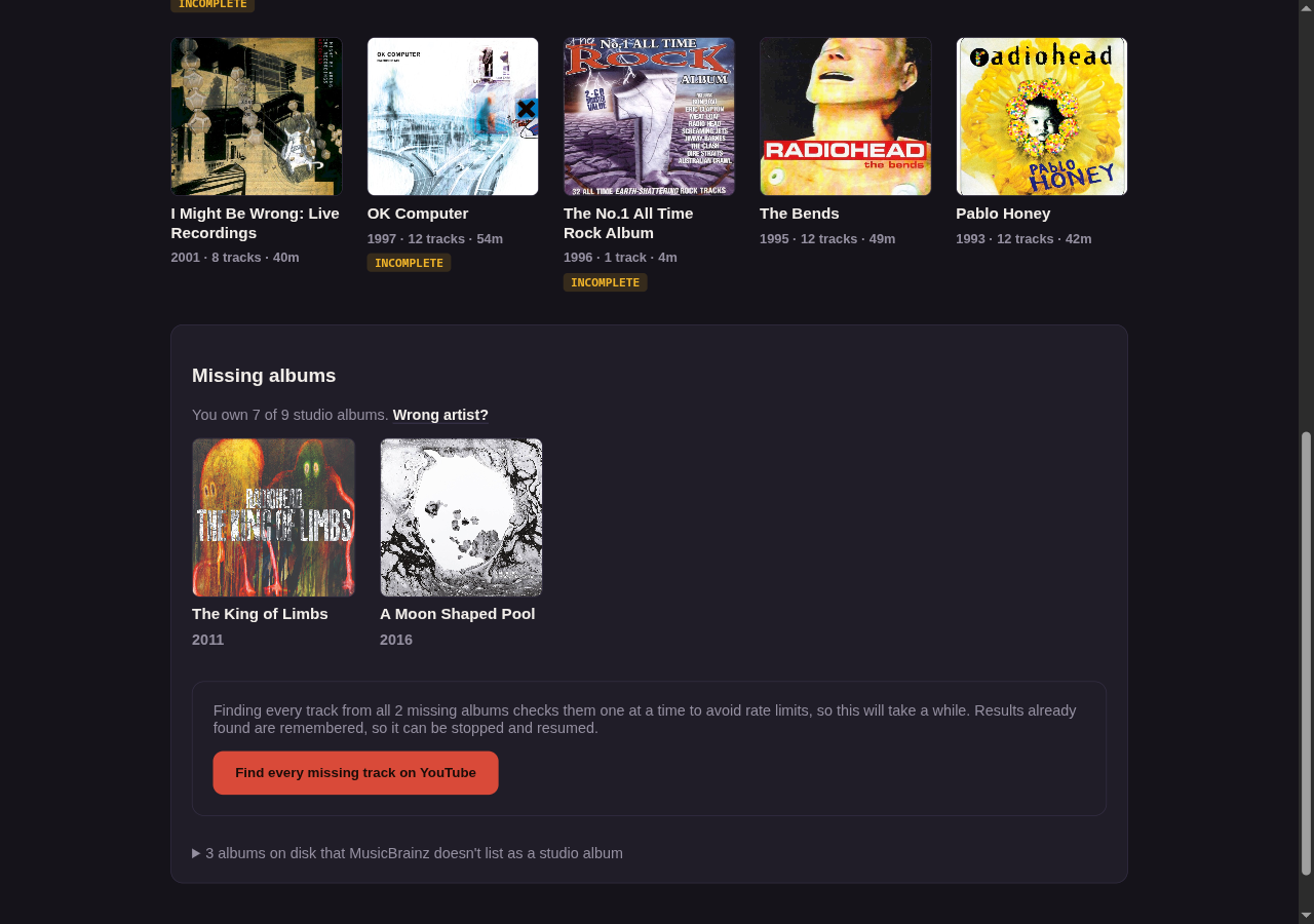 The artist view reporting "You own 7 of 9 studio albums", with the two absent records shown with their cover art