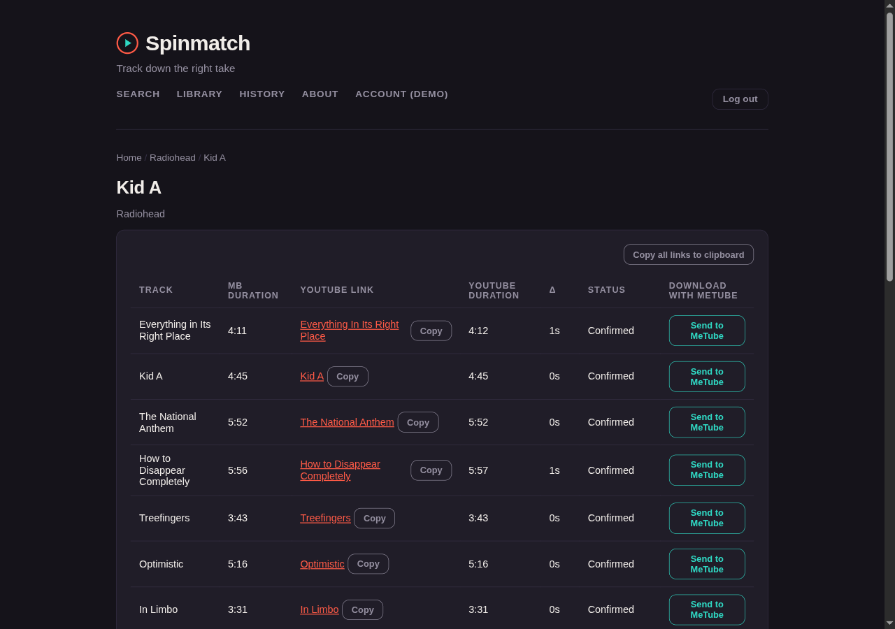 The Kid A tracklist verified against YouTube, each row showing the MusicBrainz length, the YouTube length, and the difference