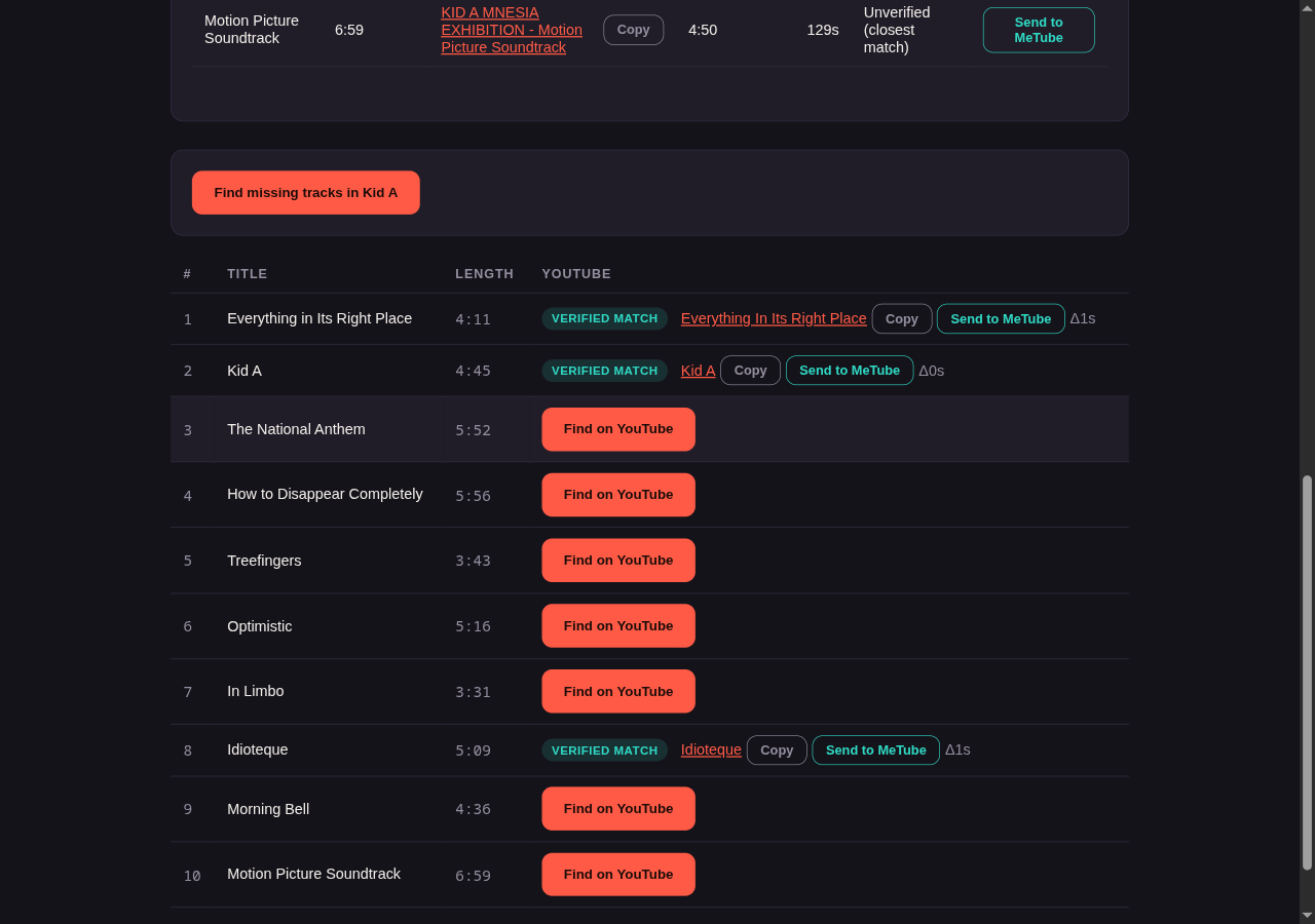 The same album with three tracks matched individually, and a row marked "Unverified (closest match)" 129 seconds out