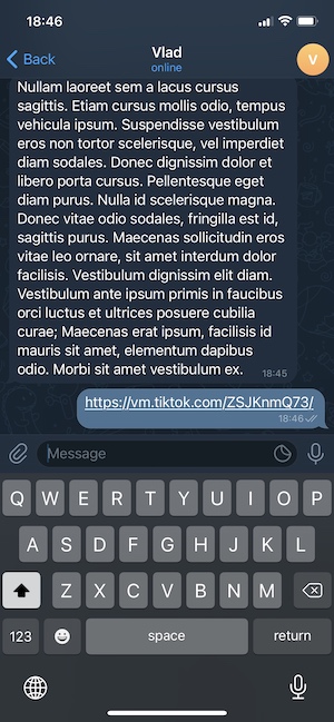 TikTok url in a Telegram chat