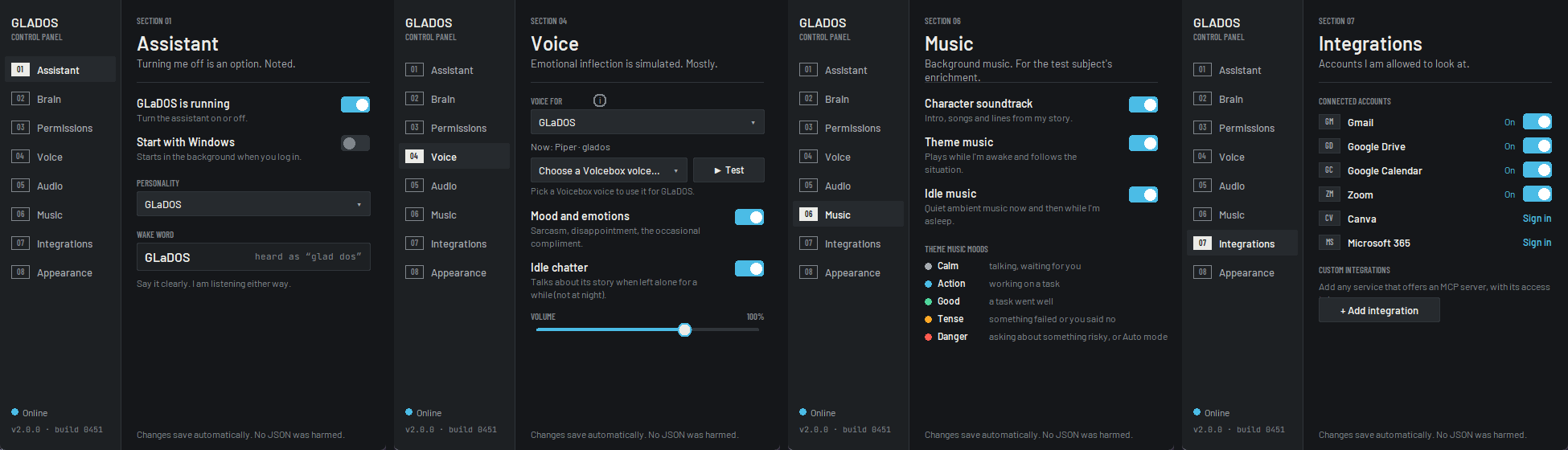 Control panel sections: Assistant, Voice, Music and Integrations
