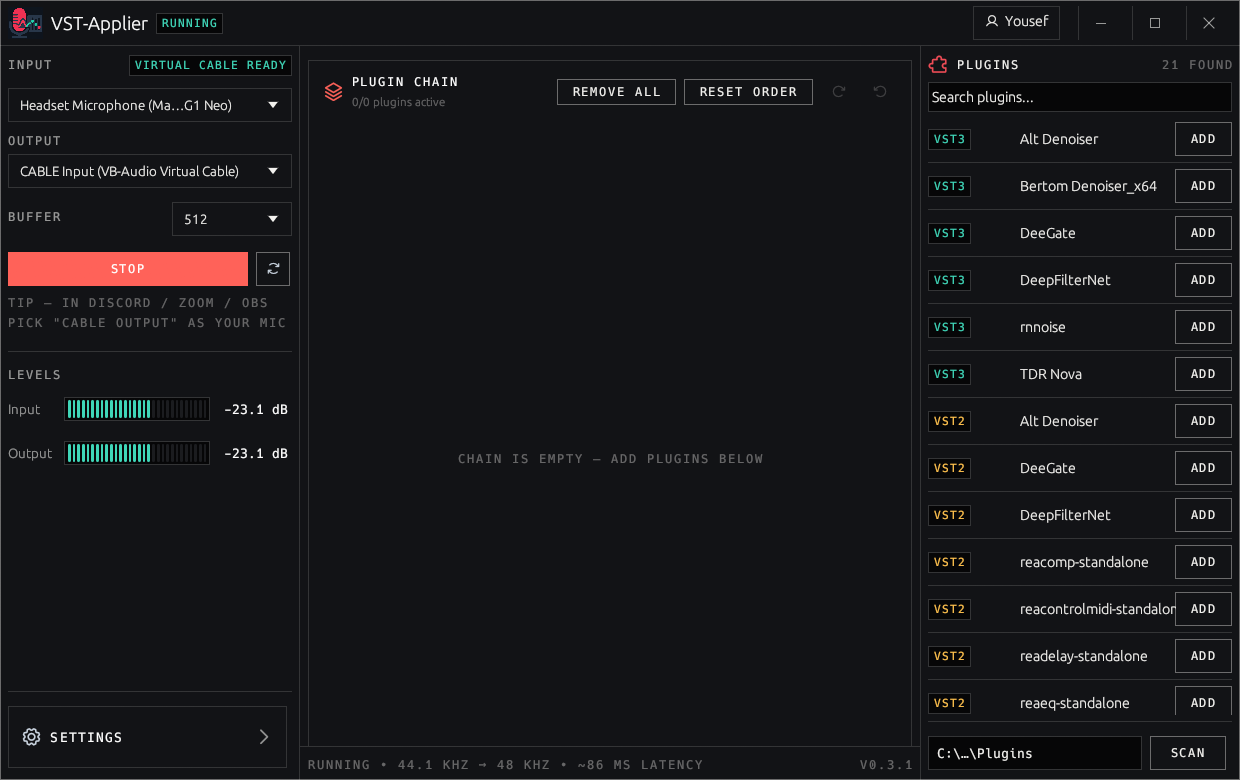 VST-Applier running a live plugin chain
