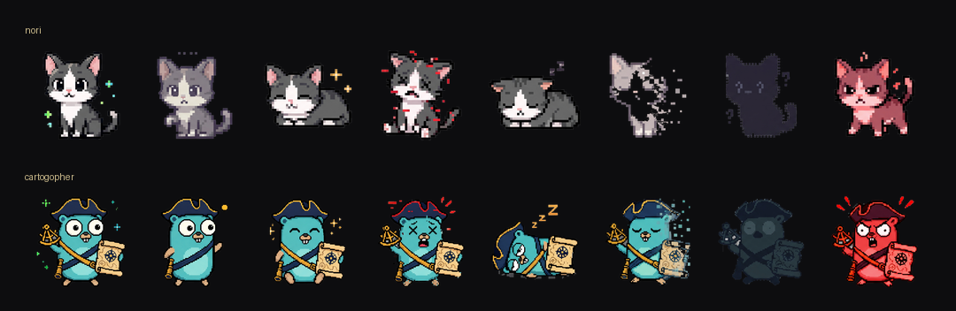 Nori and Cartogopher keyed sprite sheets — eight moods each