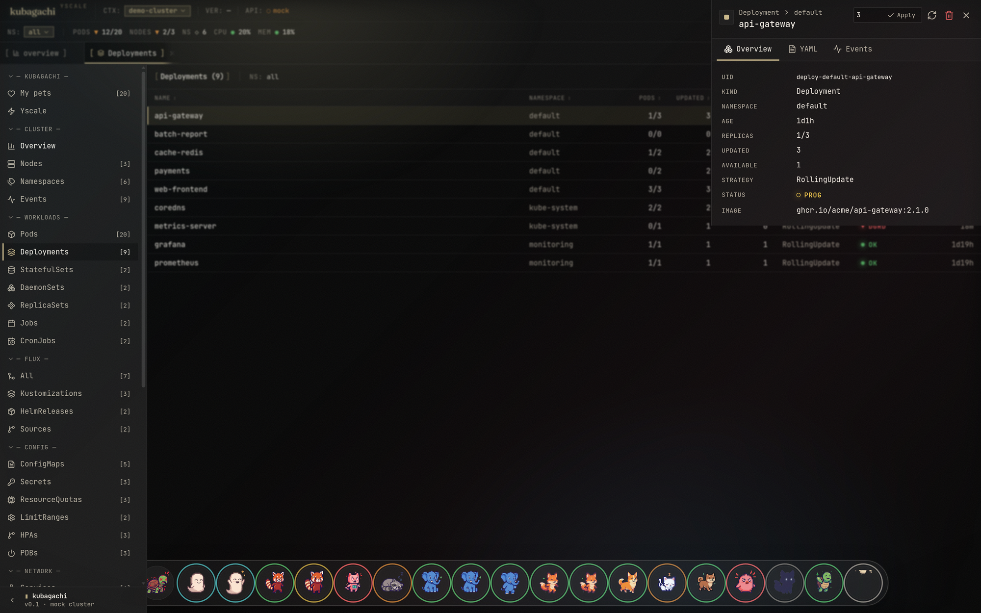 The resource drawer — live object details with edit-and-apply, scale, restart and delete