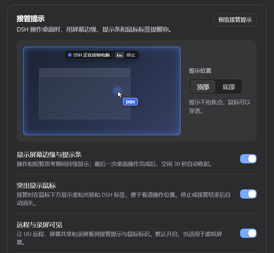 接管提示设置:内置预览(屏幕边缘光晕、提示条、鼠标DSH标签)、顶部或底部位置,以及屏幕提示、鼠标提示和远程录屏可见三个开关