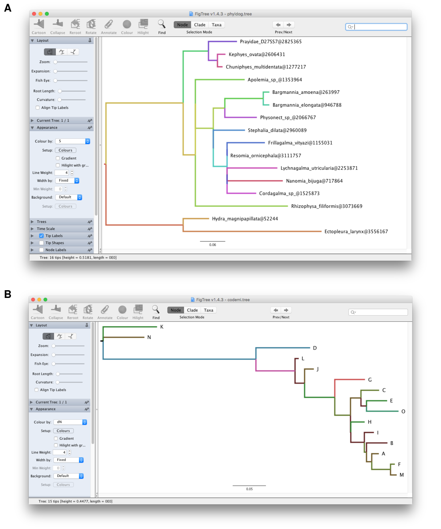 Visualizing BEAST file in FigTree. Directly visualizing NHX file (A) and CodeML output (B) in FigTree is not supported. treeio can convert these files to BEAST compatible NEXUS format which can be directly opened in FigTree and visualized annotated data.