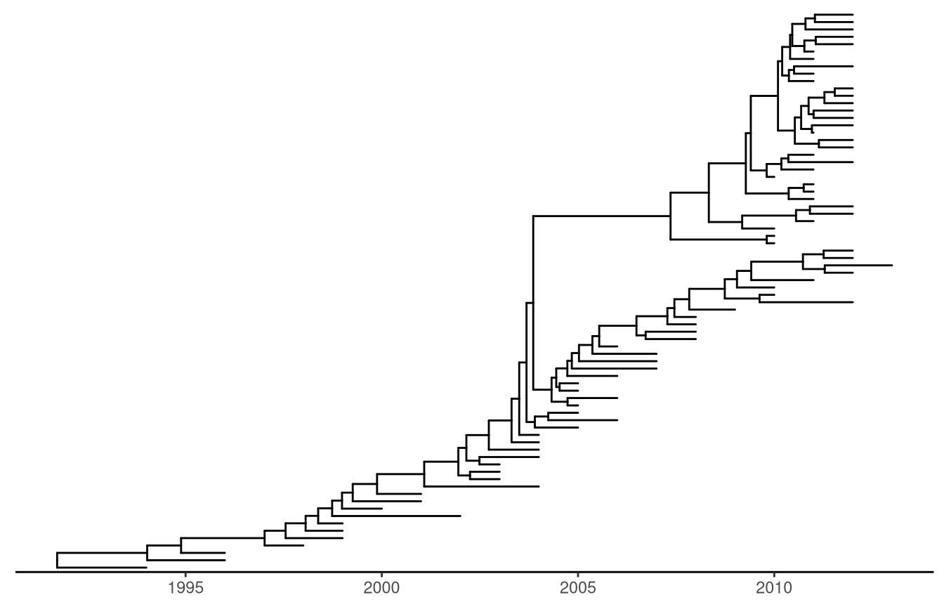 Time-scaled layout. The x-axis is the timescale (in units of year). The divergence time was inferred by BEAST using molecular clock model.