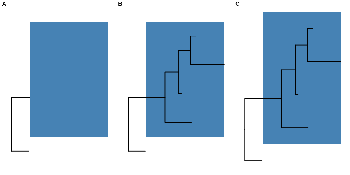 Add layers behind tree structure. A layer on top of the tree structure (A). Reverse layer order of A (B). Add layer behind the tree layer (C).