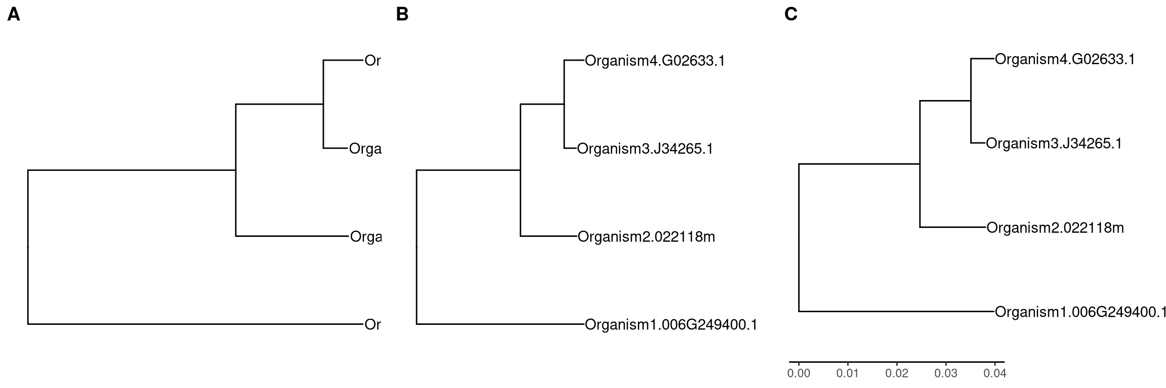 Allocating more spaces for truncated tip lables. Long tip lables may be truncated (A). One solution is to allocate more spaces for plot panel (B) and another solution is to allow plotting labels outside the plot panel (C).