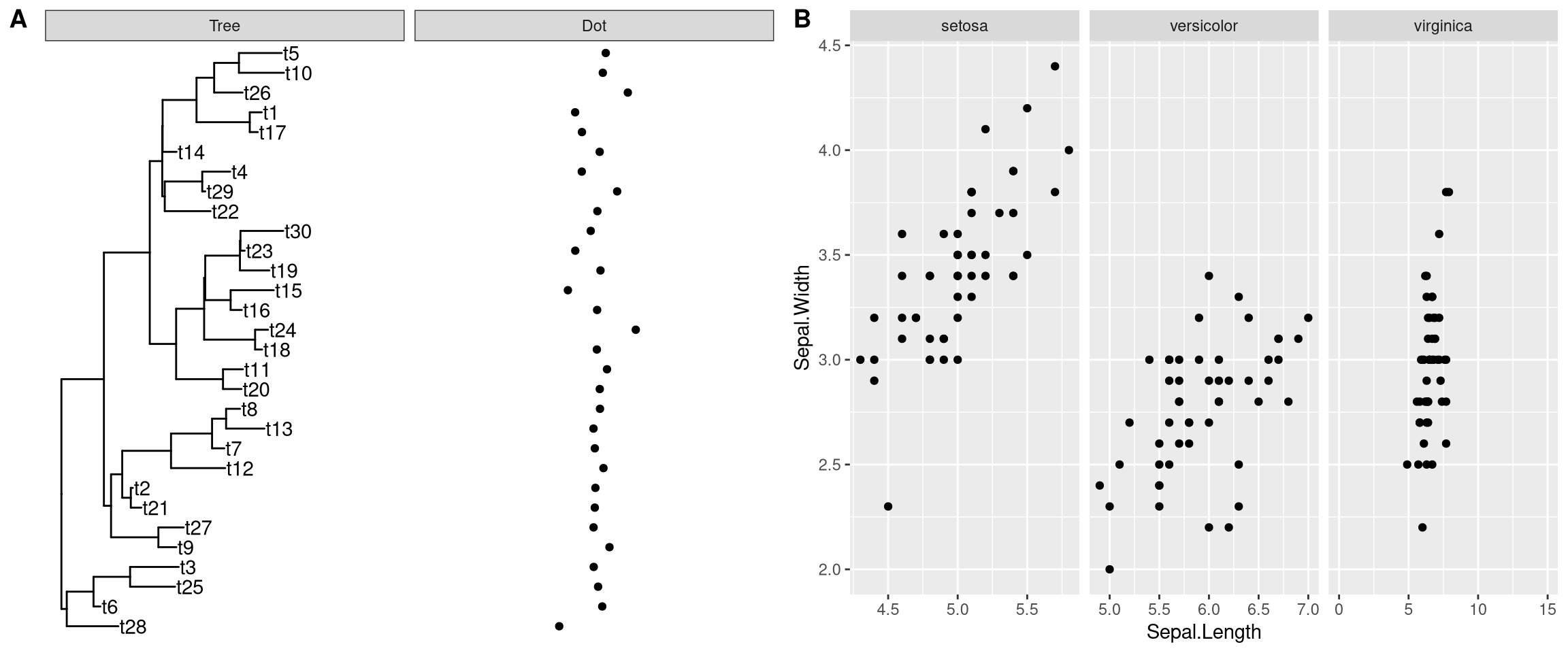 Setting xlim for user specific panel. xlim for ggtree::facet_plot (A, Tree and Dot panels), and ggplot2::facet_grid (B, virginica panel).