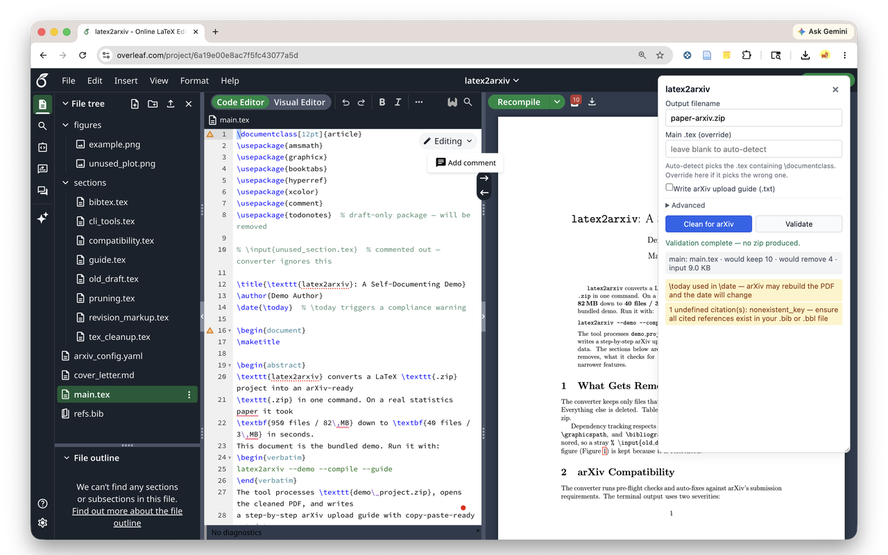 Validate run listing arXiv diagnostics https://raw.githubusercontent.com/YuZh98/latex2arxiv/main/browser-extension/screenshots/cws/setup1-1280.png