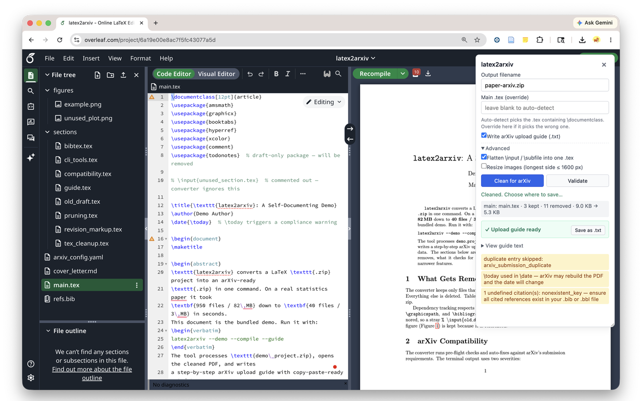 Clean run with the upload guide ready https://raw.githubusercontent.com/YuZh98/latex2arxiv/main/browser-extension/screenshots/cws/setup2-1280.png
