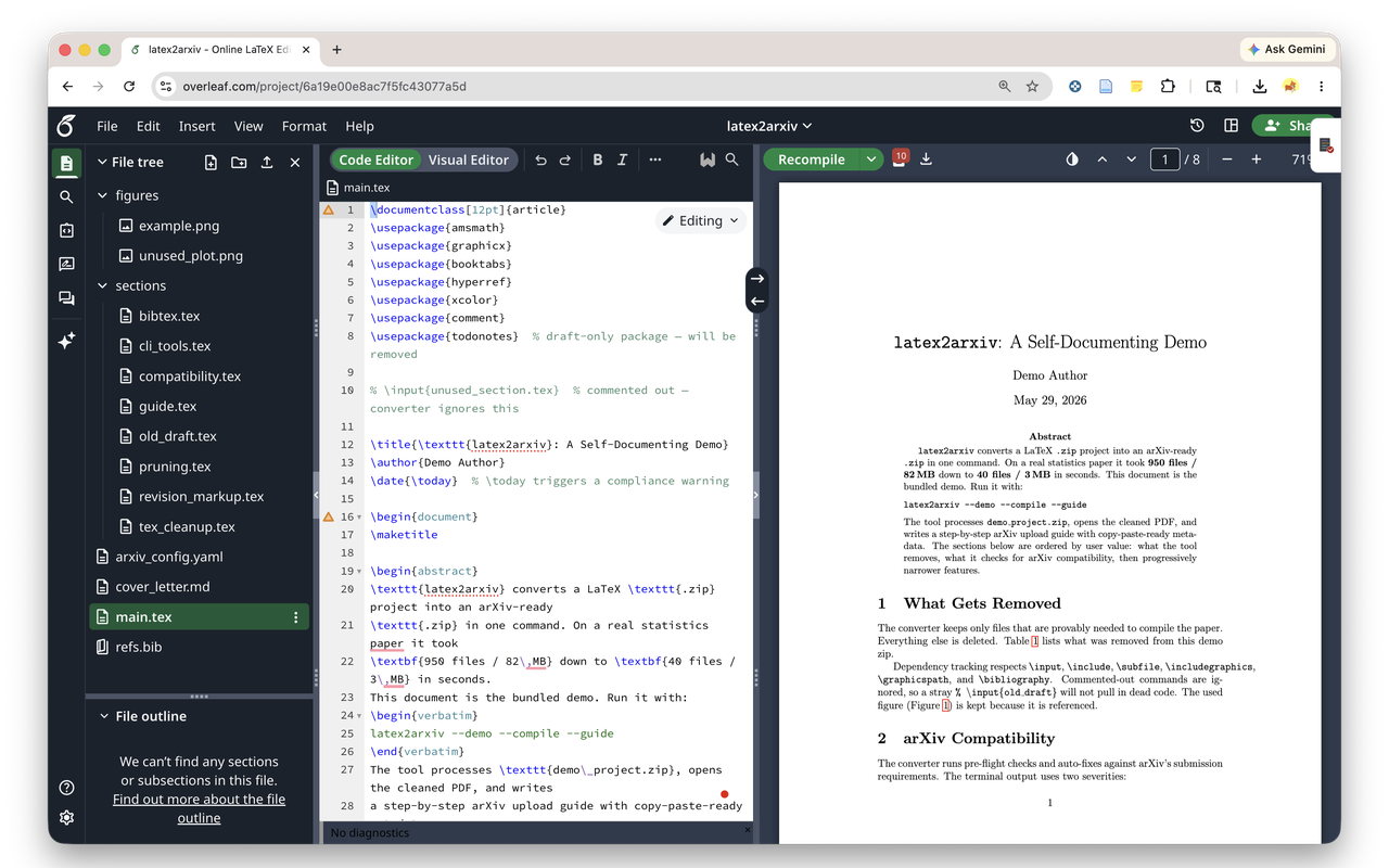 Panel collapsed to a pill on the editor edge https://raw.githubusercontent.com/YuZh98/latex2arxiv/main/browser-extension/screenshots/cws/setup3-1280.png