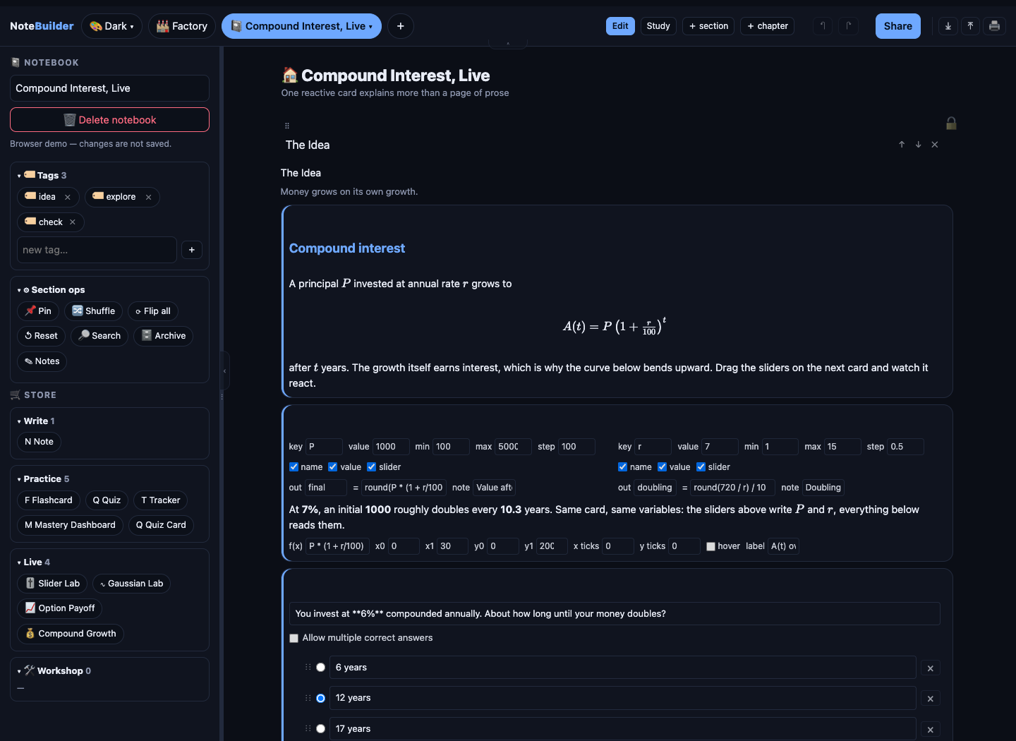 Edit mode: slot configuration fields with tags, section operations, and the card-type store in the sidebar https://raw.githubusercontent.com/YuZh98/notebuilder/main/docs/screenshots/v0.2.0/edit-mode.png
