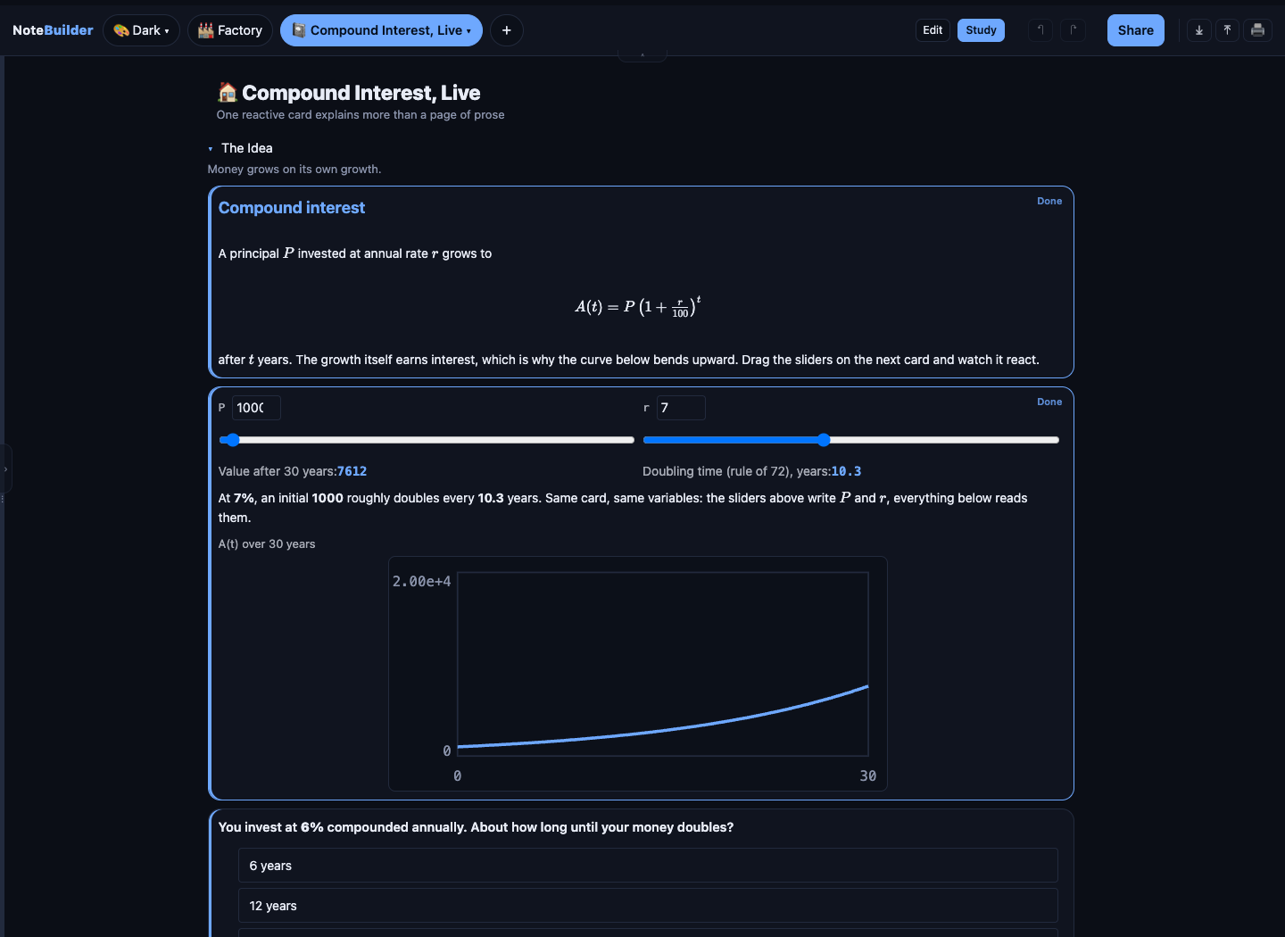 NoteBuilder Study mode: two sliders drive computed values, live prose, and a growth chart in one card https://raw.githubusercontent.com/YuZh98/notebuilder/main/docs/screenshots/v0.2.0/study-live.png