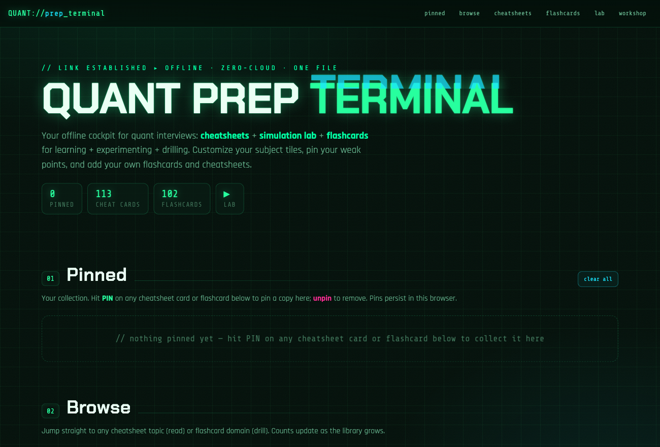Quant Prep Terminal — home https://raw.githubusercontent.com/YuZh98/quant-prep-terminal/main/docs/01-hero.png