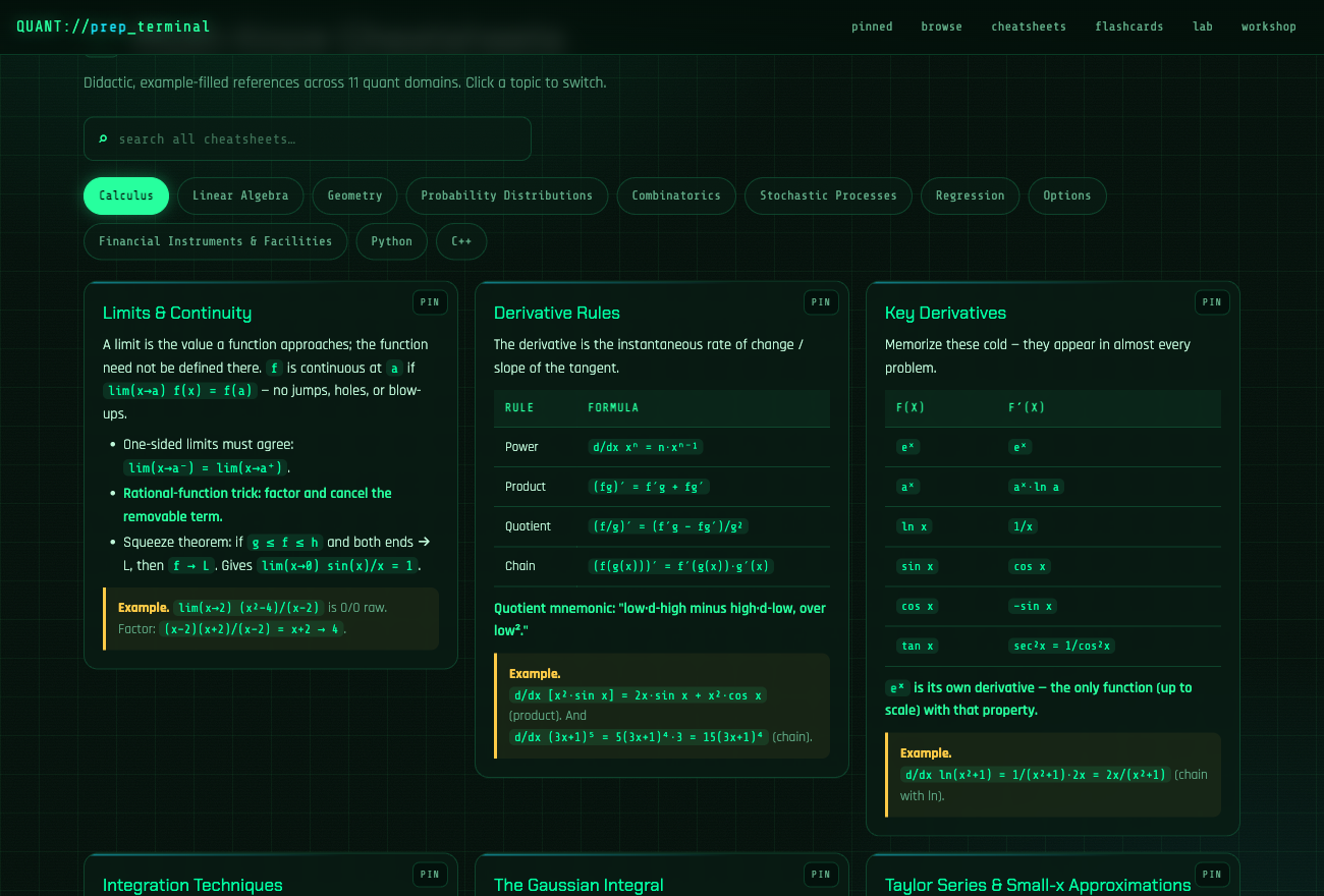 Cheatsheets https://raw.githubusercontent.com/YuZh98/quant-prep-terminal/main/docs/02-cheatsheets.png