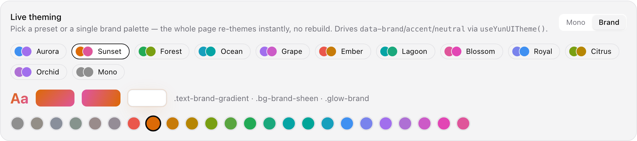 Live theming — 12 multi-color presets, 24 OKLCH palettes, token-driven effects