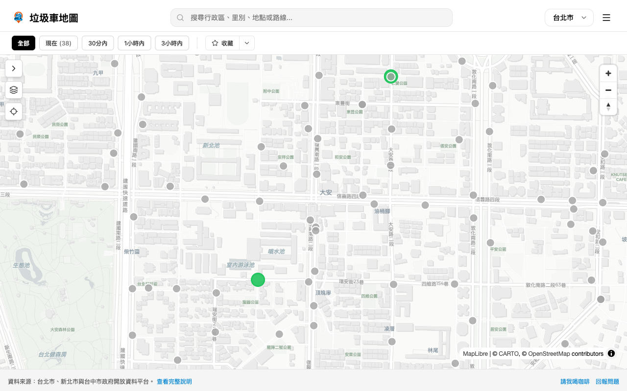 Map of garbage truck stops in central Taipei