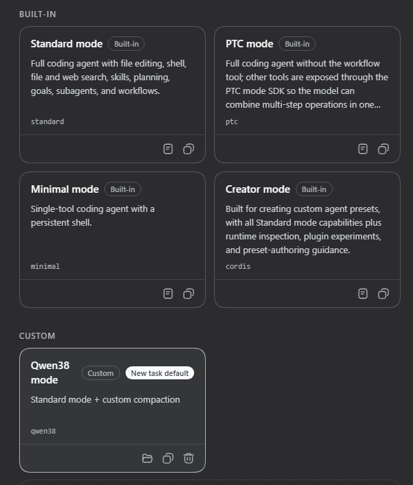 the generated qwen38 preset on the Agent presets page