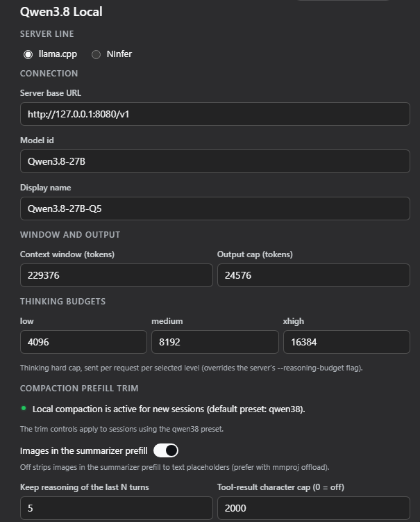 the Qwen3.8 Local settings tab