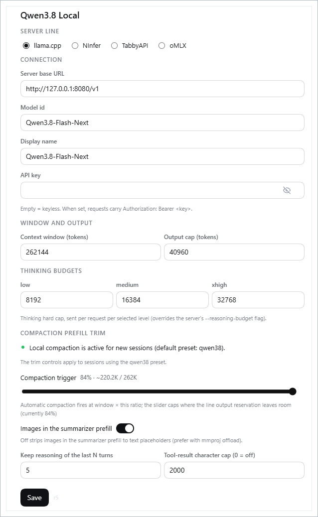 the Qwen3.8 Local settings tab