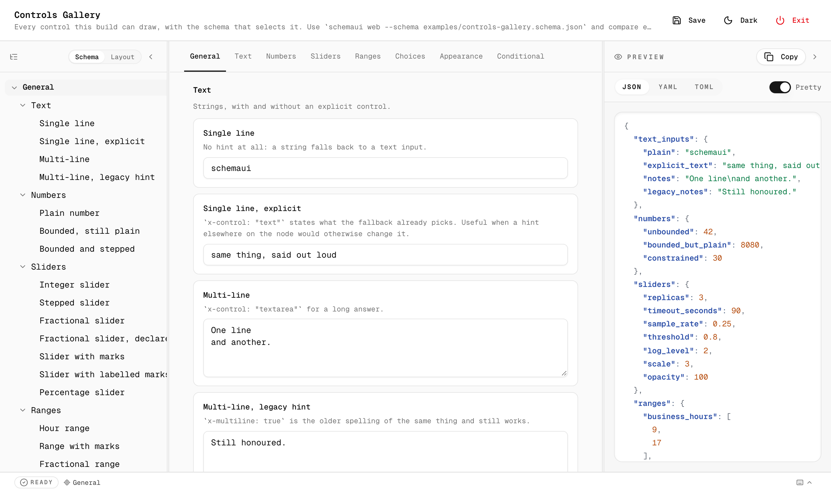a2ui-ask form UI — schema navigation, form editor, and live JSON preview