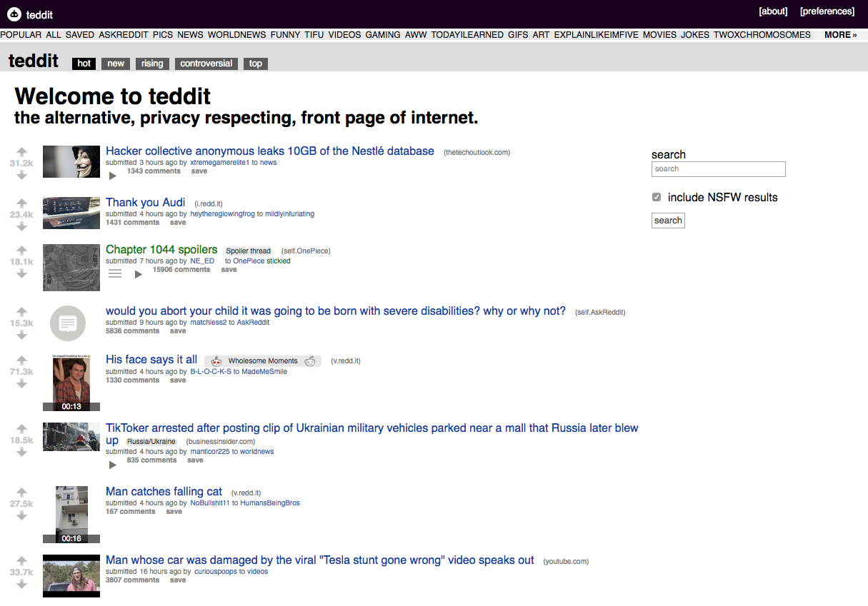 Screenshot of Teddit
