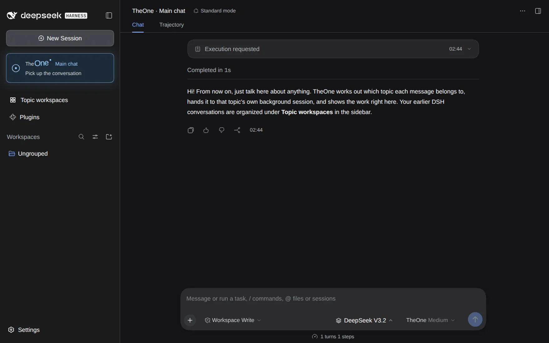Demo: two unrelated requests in the main chat each get their own topic in the sidebar; going back to the first one continues it in its own topic