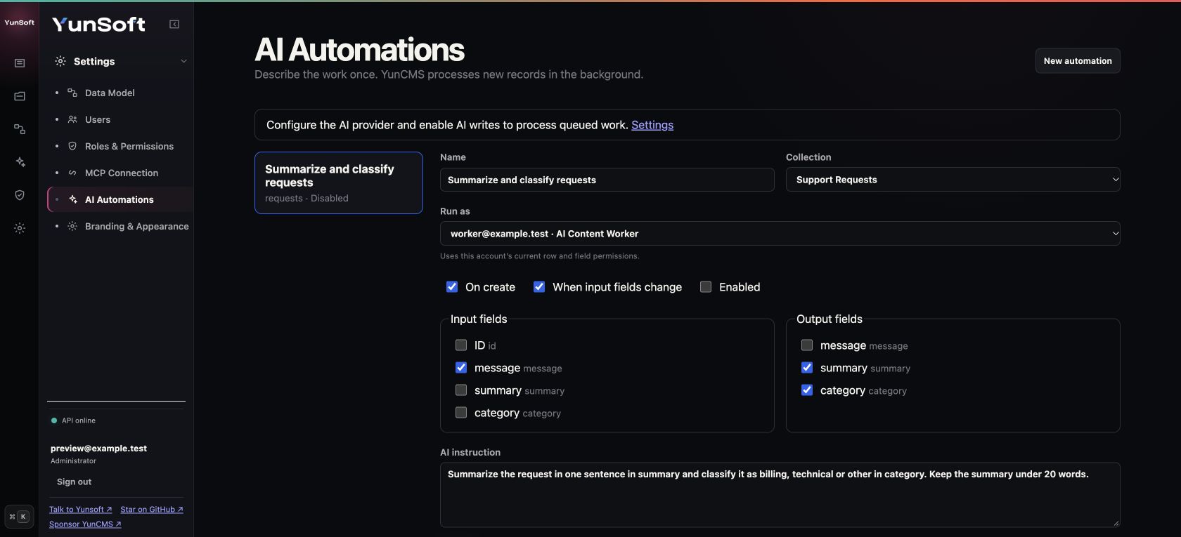 AI automation editor with selected input/output fields and a restricted execution user