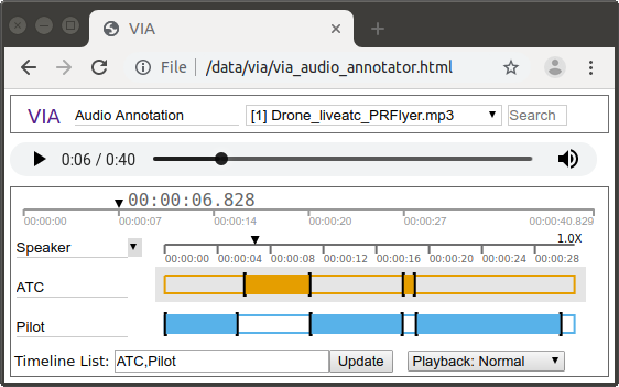 Speech segments of two individuals is manually delineated in an audio recording of conversation between ATC and pilot