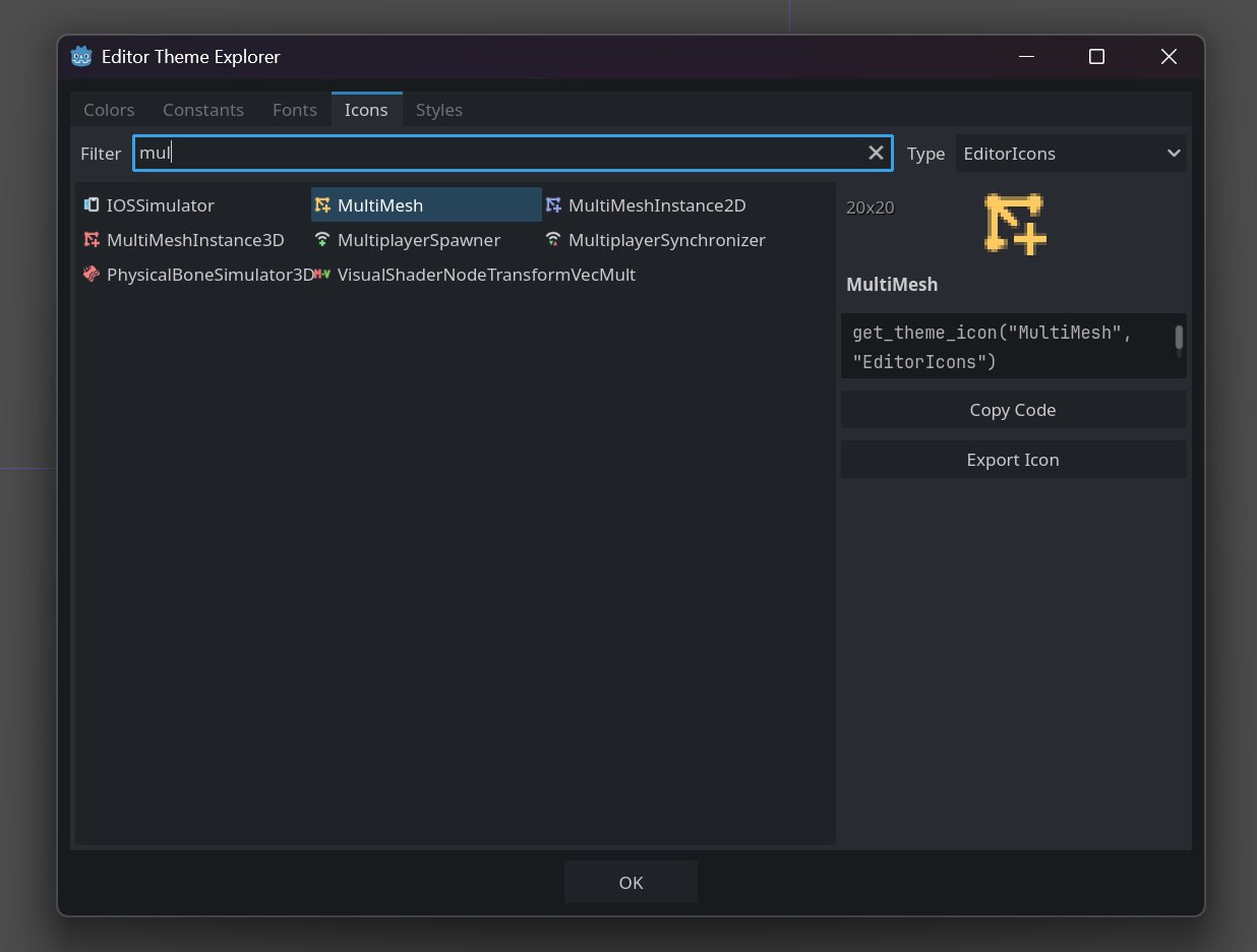 Explorer open on the Icons tab with filtering.
