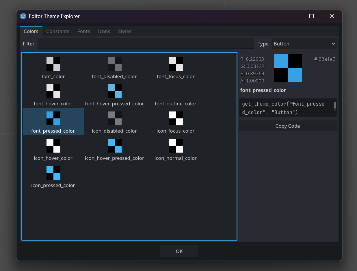 Explorer open on the Colors tab with Button colors listed.