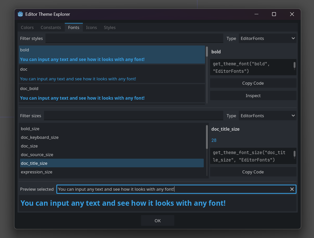 Explorer open on the Fonts tab with a line of text being previewed.