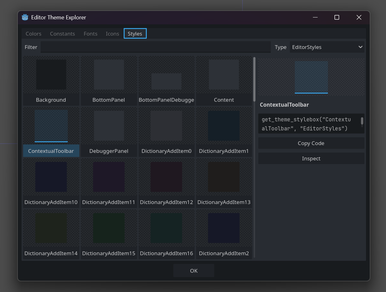 Explorer open on the Styleboxes tab with EditorStyles styleboxes listed.