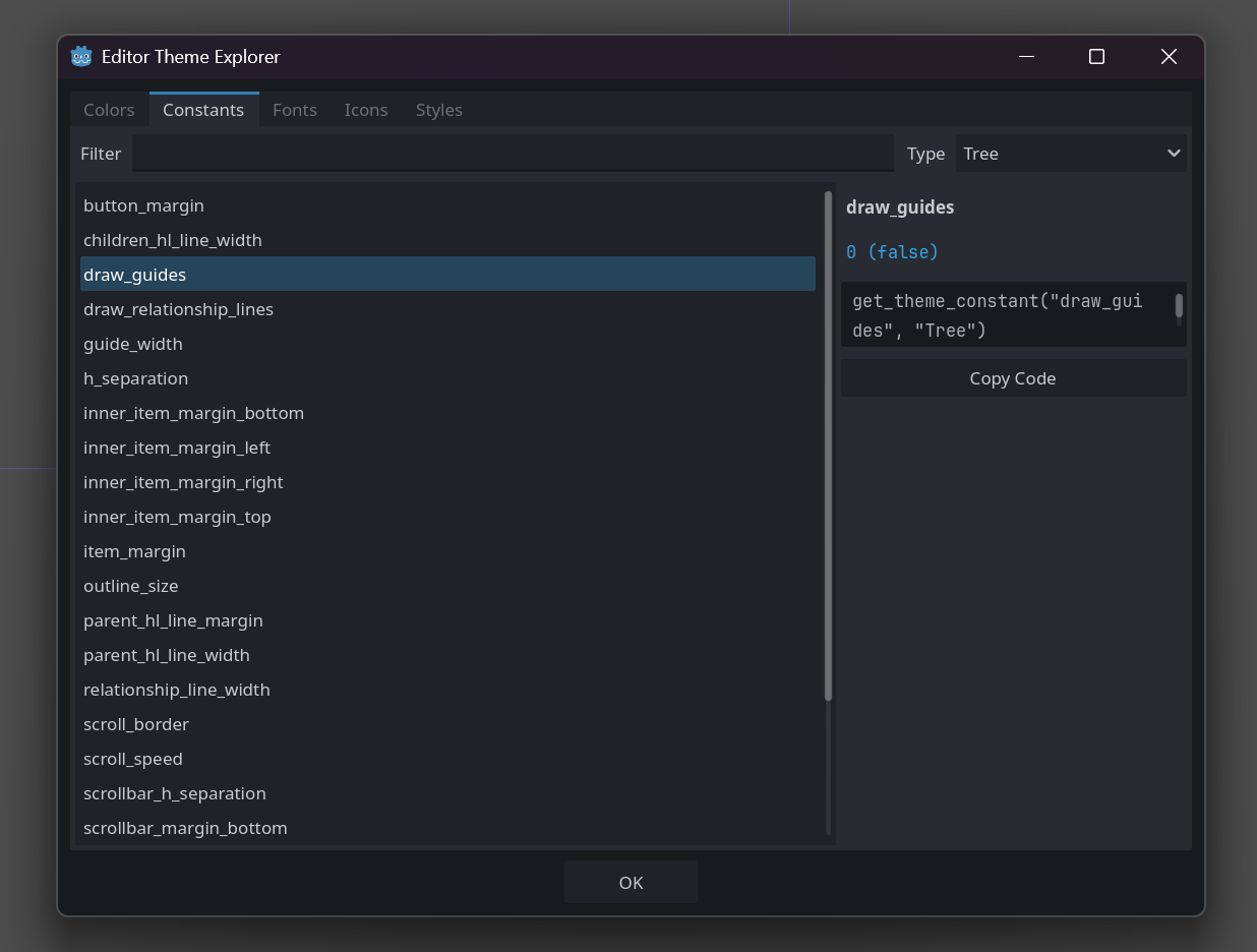 Explorer open on the Constants tab with Tree constants listed.