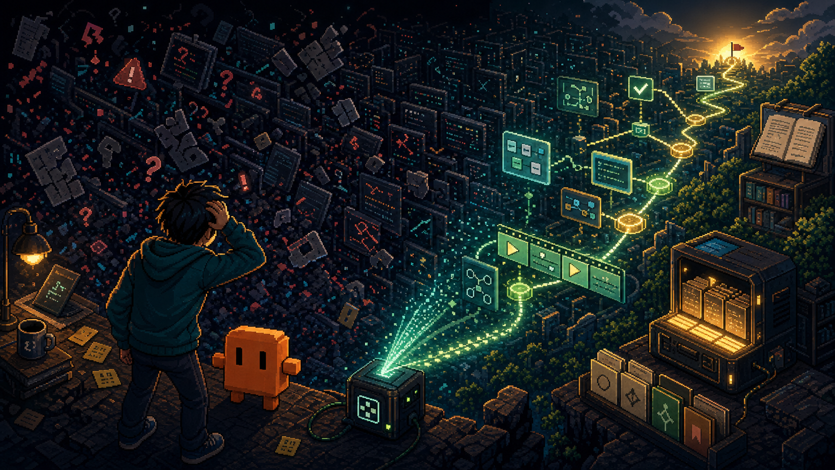 GUI-Anything pixel-art hero: a developer and orange Claude companion face a collapsing AI coding-session maze while a sidecar recorder reveals a reusable memory trail