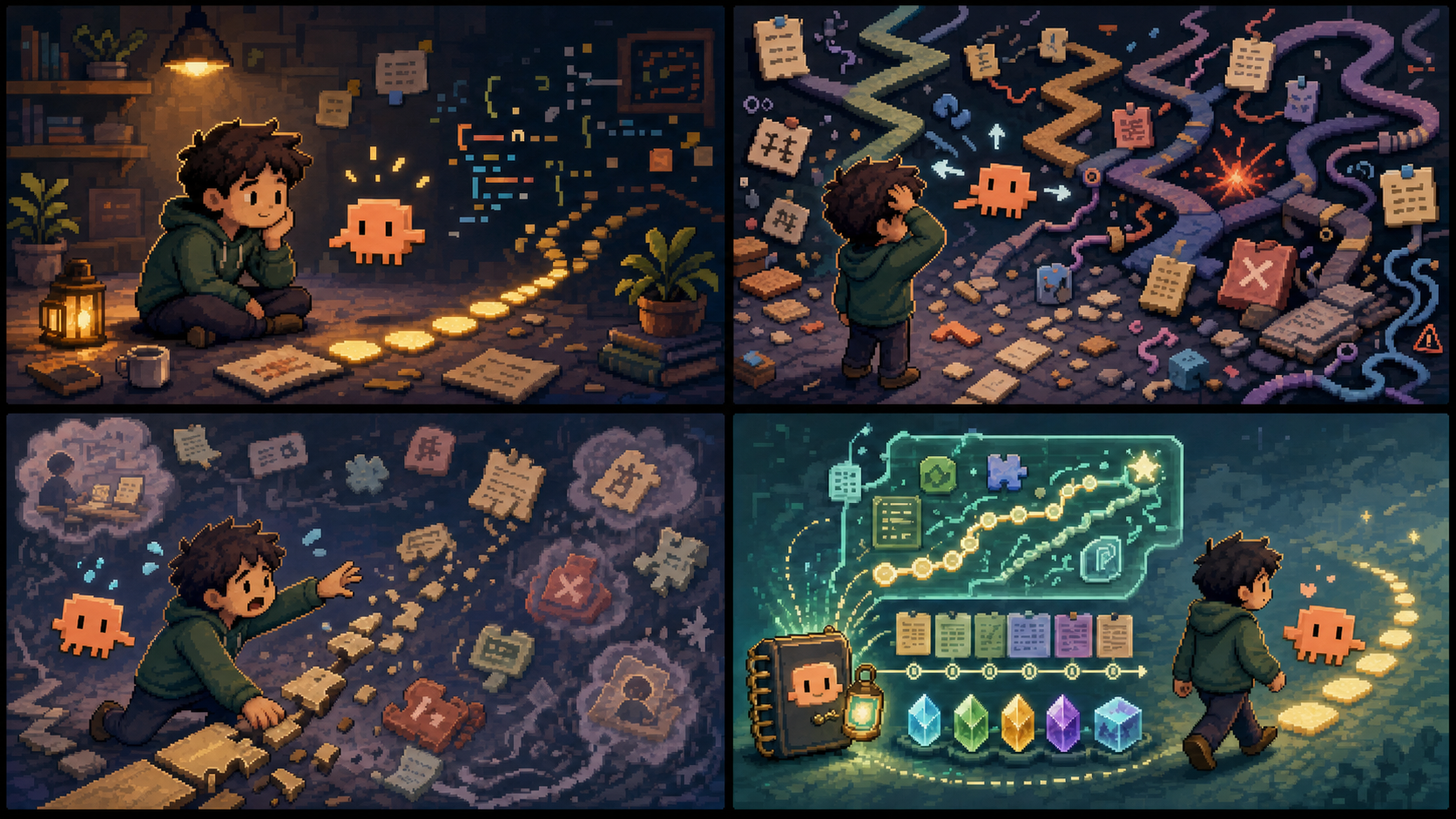Pixel comic showing a developer and an orange Claude companion losing the trail in a long AI coding session, then GUI-Anything records the path into reusable memory