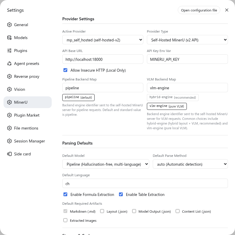 dsh-pdf-mineru 在 DSH Settings 中的 Provider 与解析默认值界面